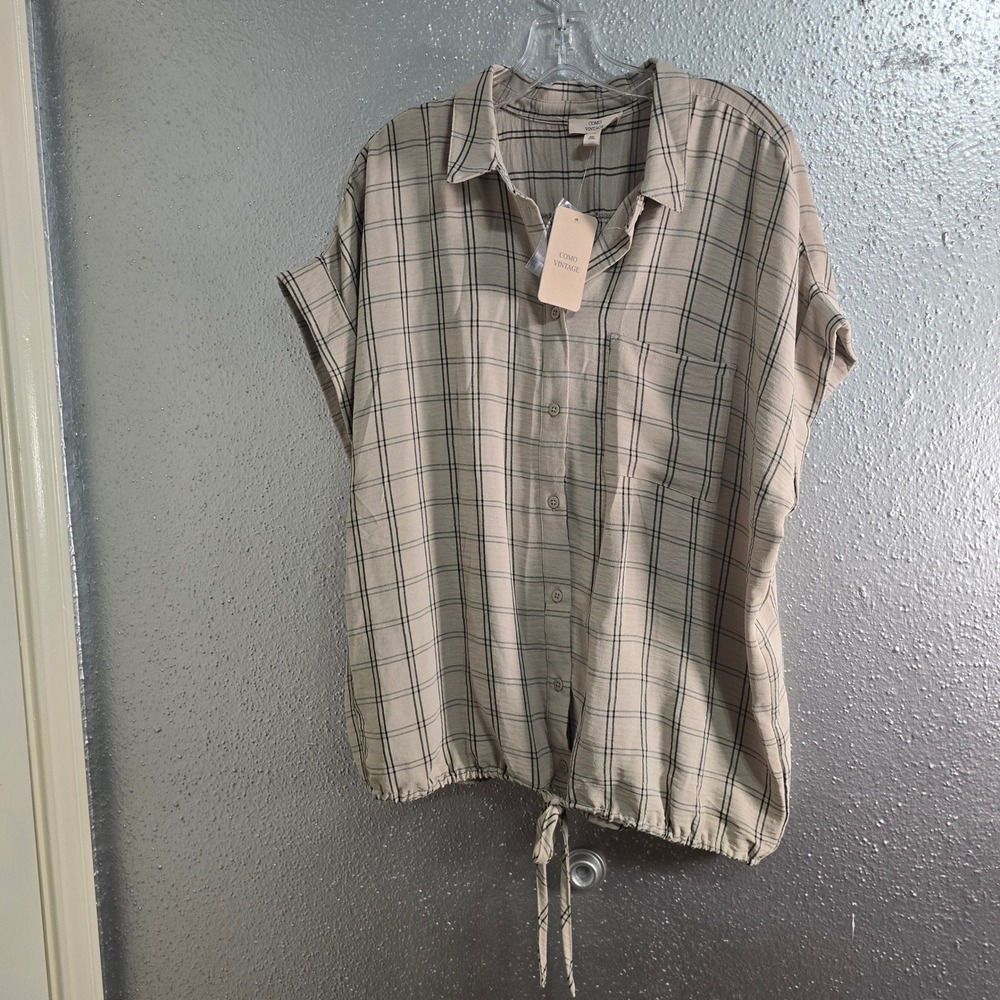 Como Vintage Womens XL Tan Black Plaid Button Down Short Sleeve Tie Hem Shirt